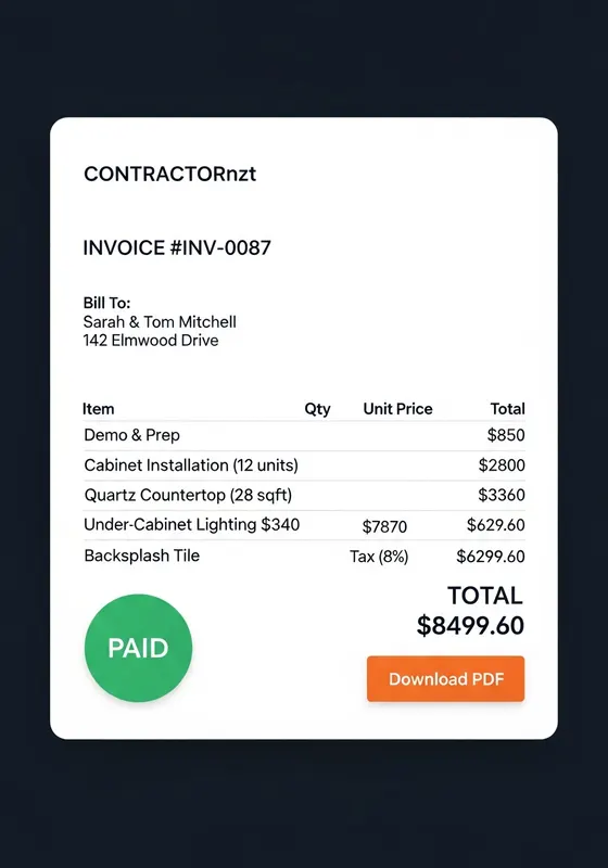 TradesArrow invoice showing line items, total, paid status, and download button