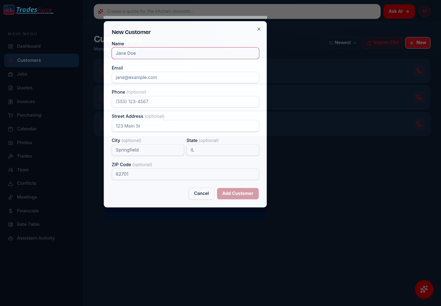 New Customer form with contact and address fields
